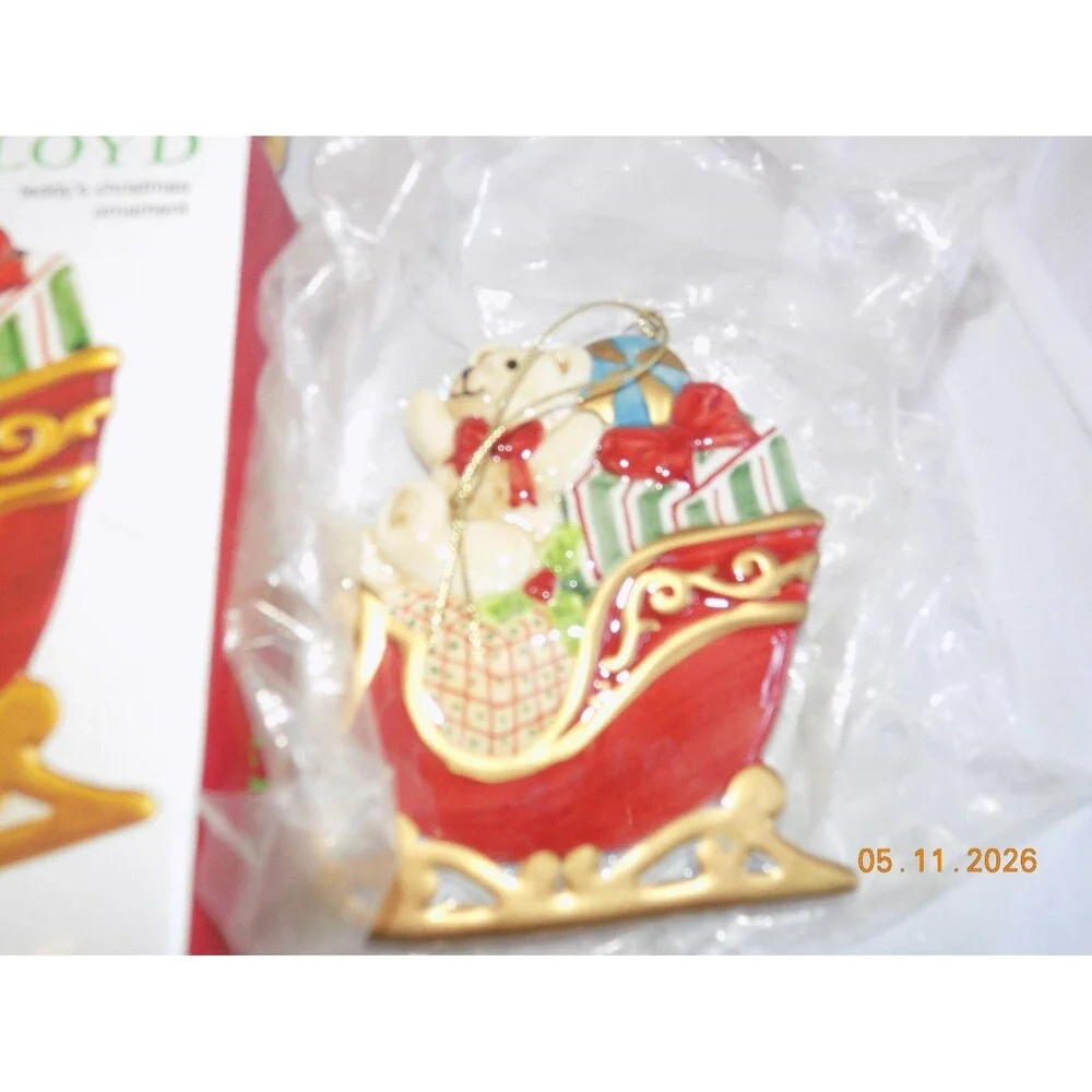 TEDDY'S CHRISTMAS Vintage Fitz And Floyd Christmas Ornament Bear Sleigh 2003